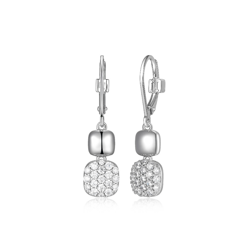 Elle Lookout Sterling Silver Rhodium-plated Round Cubic Zirconia Double Cushion Leverback Drop Earrings