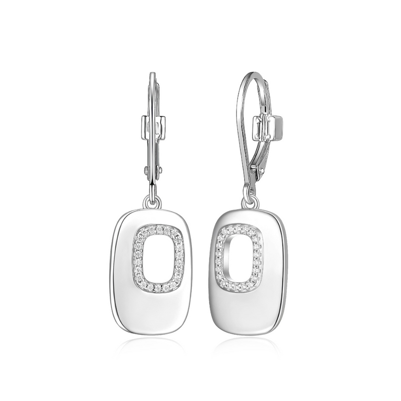 Elle Lookout Sterling Silver Rhodium-plated Rectangle Cutout with Round Cubic Zirconia Leverback Drop Earrings