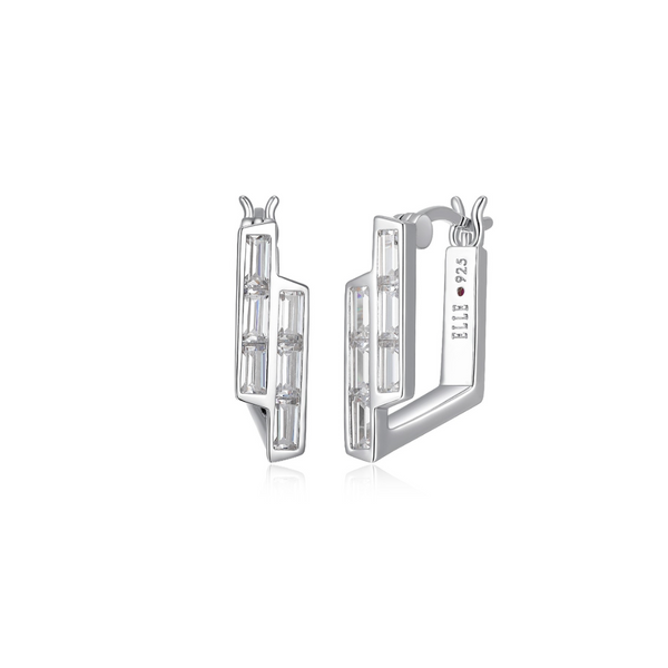 Elle Sterling Silver Rhodium-plated Straight Baguette Cubic Zirconia Square Hoop Earrings