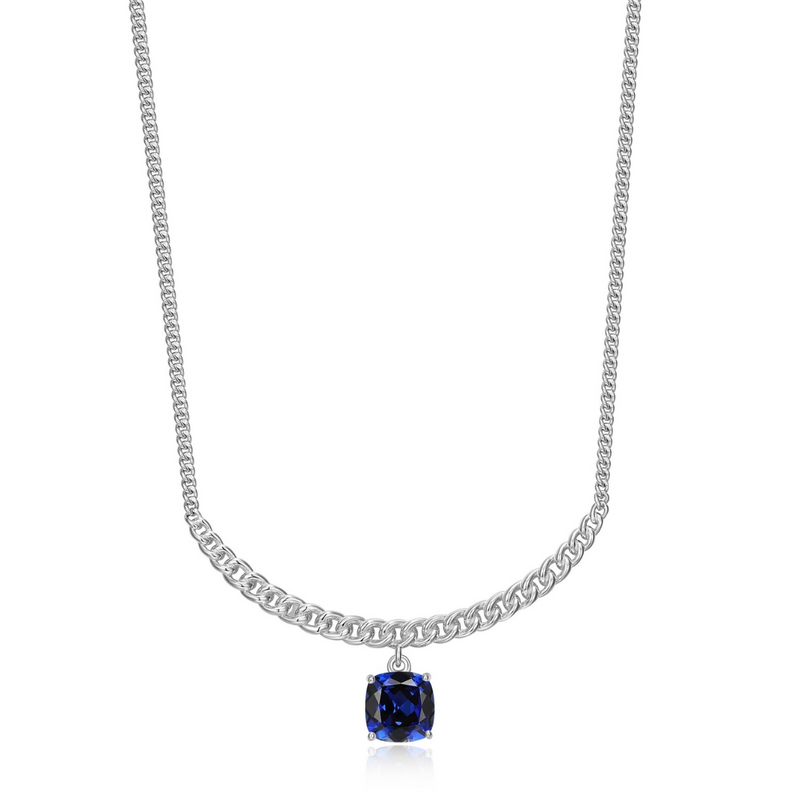 Elle Sterling silver 'Weave' Rhodium plated 7mm Cushion cut Blue Sapphire Necklace