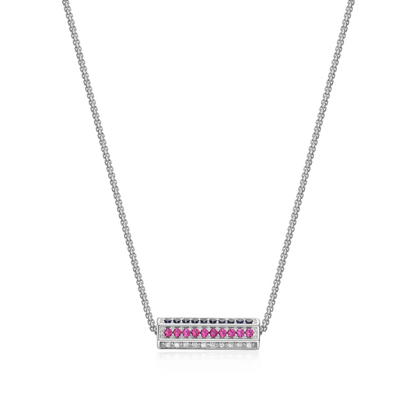 Elle Stainless steel "Cheer" Rhodium plated Sapphire, Ruby and White Sapphire Hexagon Pillar Necklace