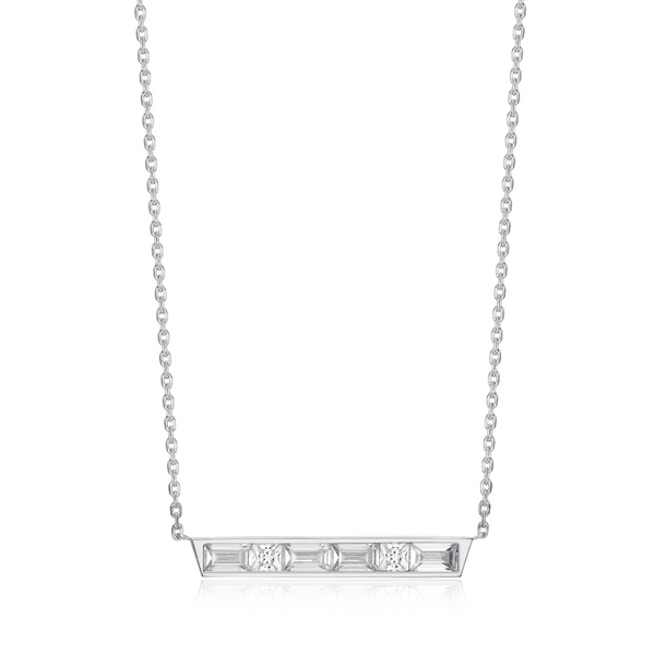 Elle Sterling silver "Baguette" Rhodium plated Straight Baguette and Square Cubic Zirconia Bar Necklace