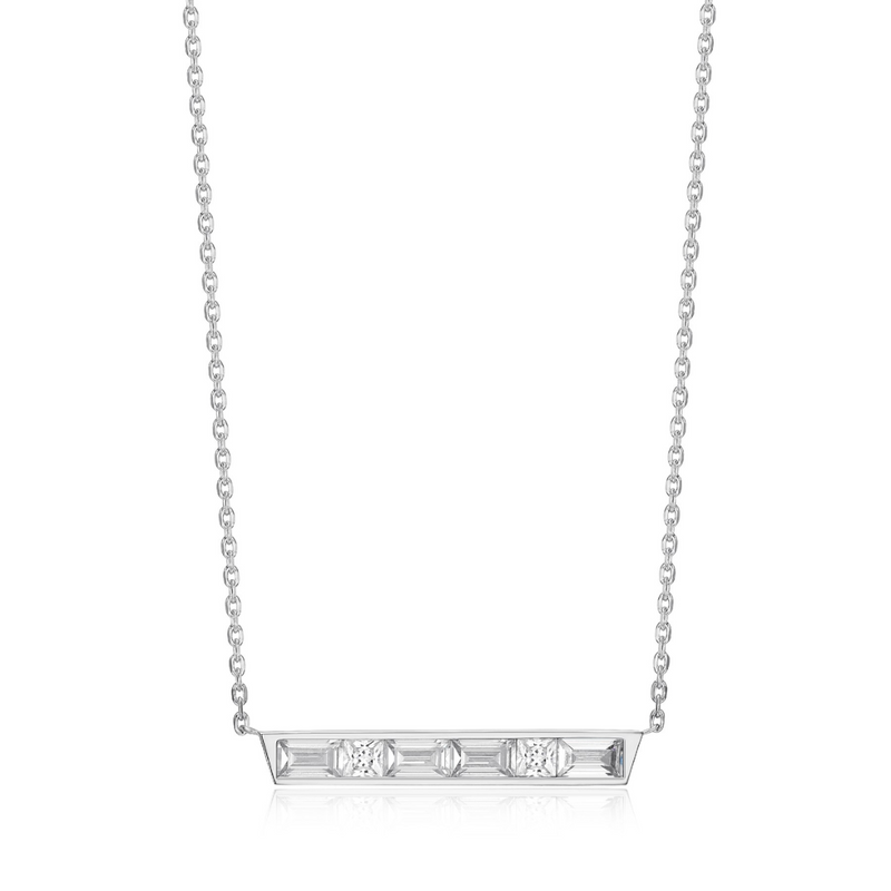 Elle Sterling silver "Baguette" Rhodium plated Straight Baguette and Square Cubic Zirconia Bar Necklace