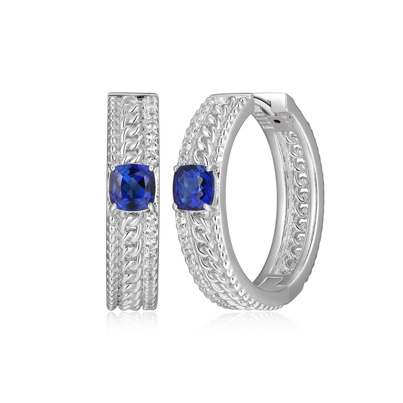 Sterling Silver ELLE Weave Rhodium Hoop Earrings with 4mm Sapphire Cushion cut 20mm