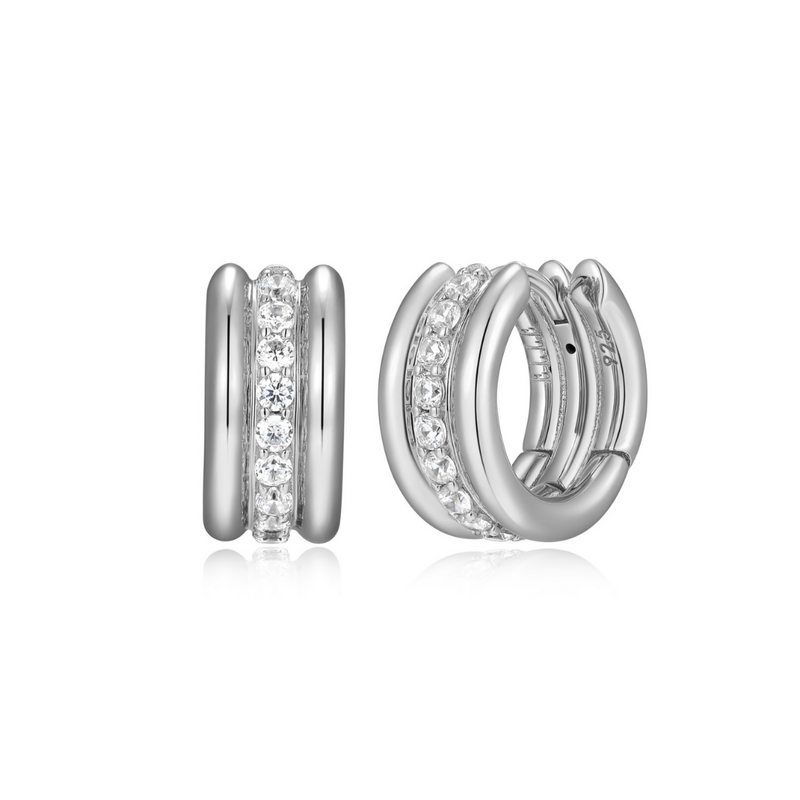 Sterling Silver ELLE Goddess Cubic Zirconia three row Rhodium Hoop Earrings 13mm