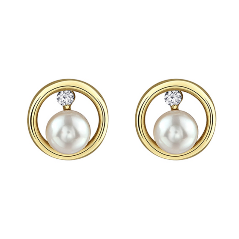 10K Yellow Gold 5mm Pearl & .07ctw Canadian Diamond Stud Earrings