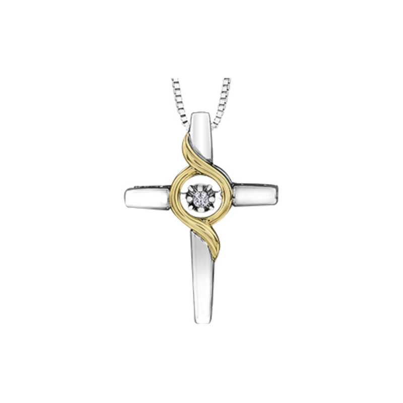 Sterling Silver and 10K Yellow Gold .03ct Canadian Diamond Northern Dancer Cross Pendant with Chain