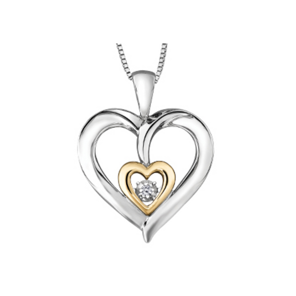 Sterling Silver & 10K Yellow Gold .02ct Round Brilliant Diamond Pulse Heart Pendant with Chain