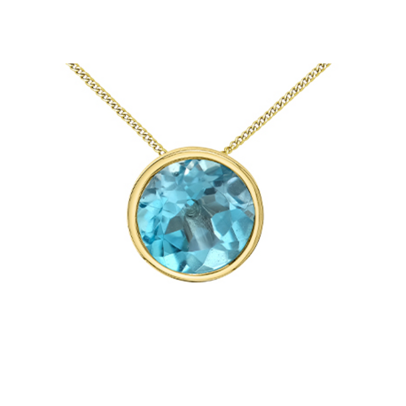 10K Yellow Gold 5mm Blue Topaz set Pendant on Chain