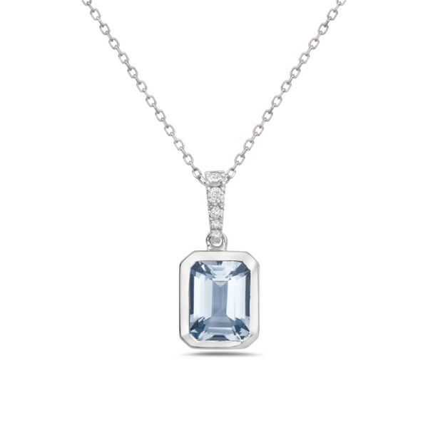 14K White Gold Emerald Cut Aquamarine & .05ctw Round Brilliant Diamond Pendant on Chain