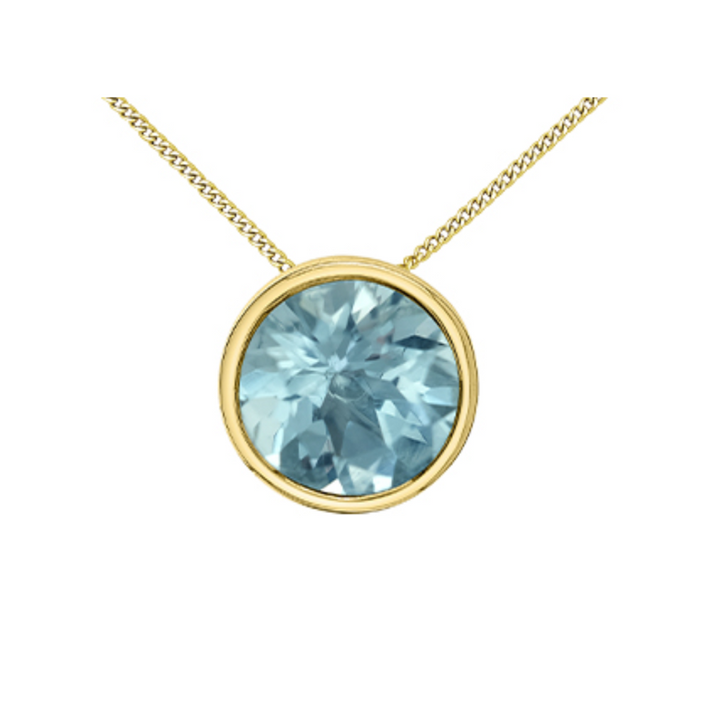 10K Yellow Gold 5mm Aquamarine Bezel Set Pendant on Chain