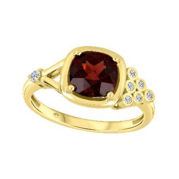 10K Yellow Gold Cushion cut Garnet & .073ctw Canadian Diamond Bezel set Ring