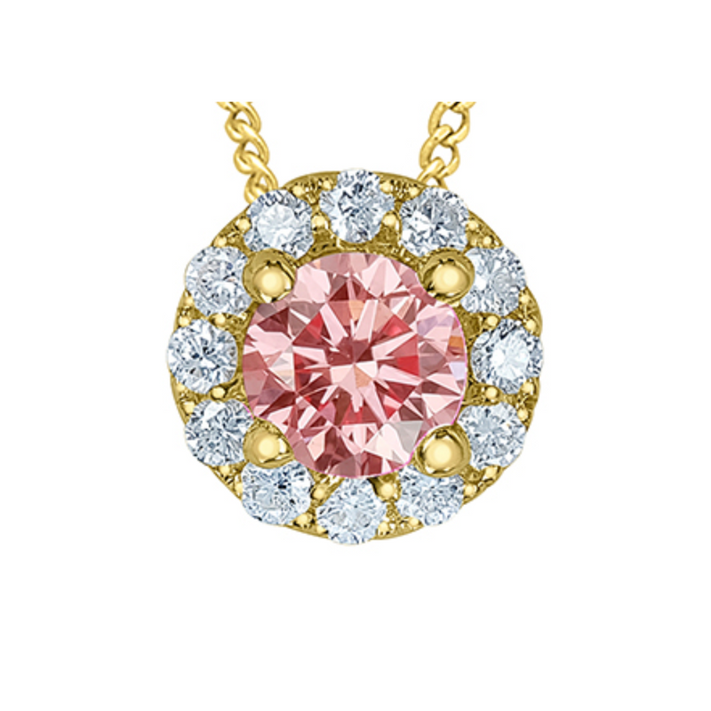 10K Yellow Gold .33ctw Round Brilliant Pink & White Lab Grown Diamond Halo Pendant on Chain