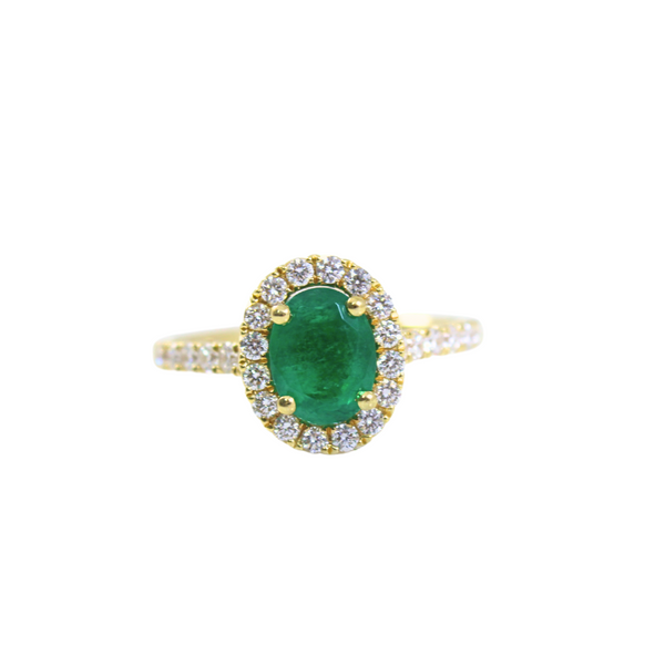 18K Yellow Gold Diamond & Emerald Halo Ring