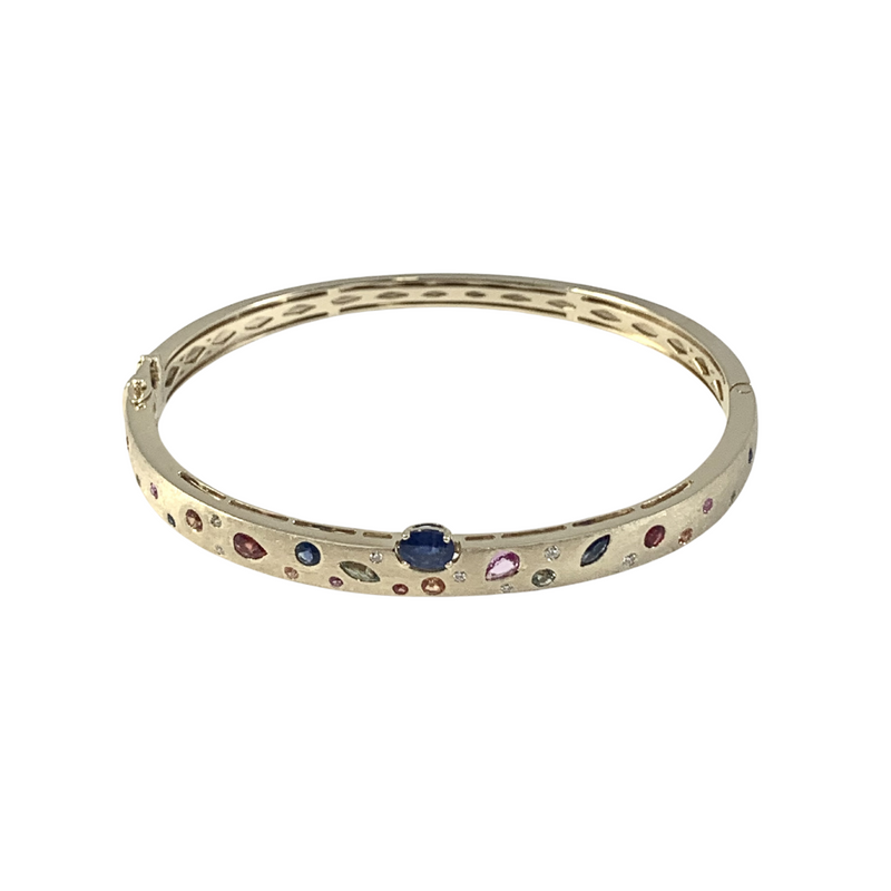 14K Yellow Gold Sandblast .05ctw Round Brilliant Diamond & Multi Coloured Sapphire Bangle