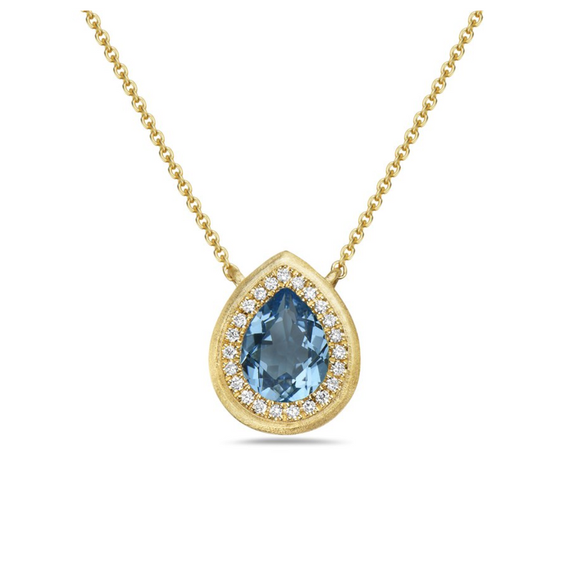 14K Yellow Gold Pear-shaped Blue Topaz & .08ctw Diamond Halo Brushed Pendant on Chain