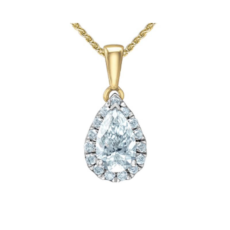 14K Yellow and White Gold .86ctw Pear-shaped Lab Grown Diamond Halo Pendant on Chain