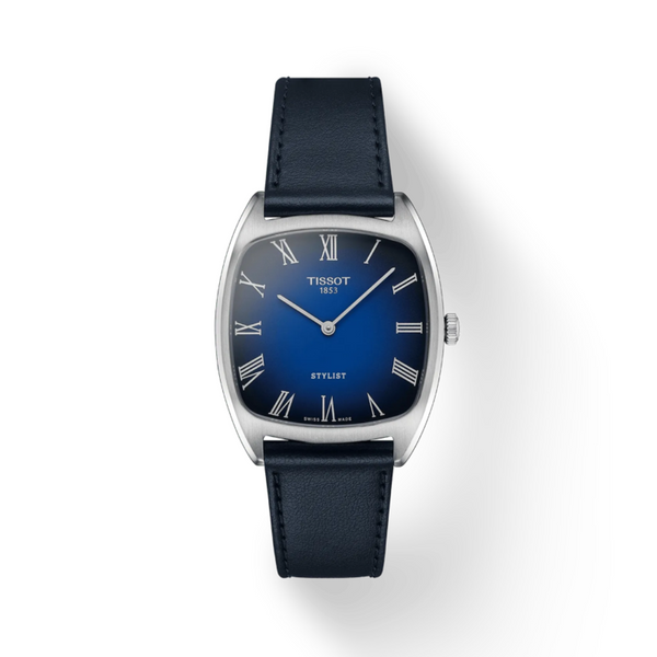 Tissot Stylist Blue Leather Strap Watch with Gradient Blue-Black Dial