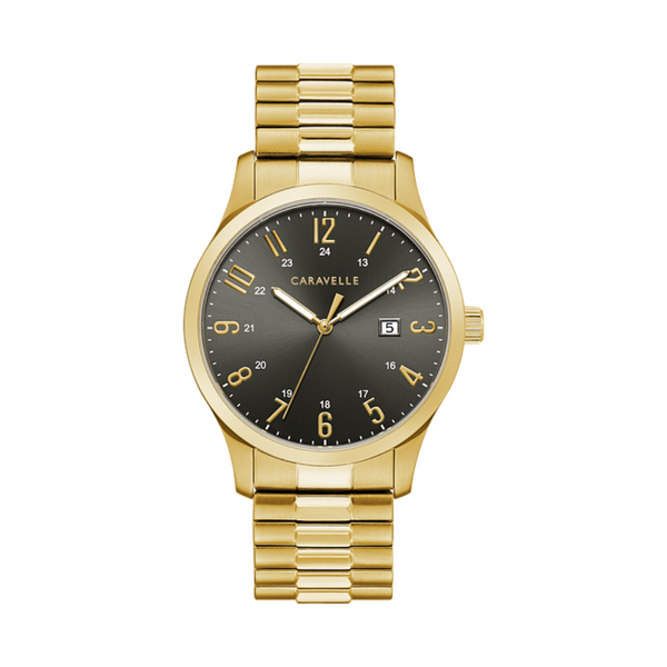 Caravelle Gold-Tone Watch with Traditional Expansion Band and Black Dial