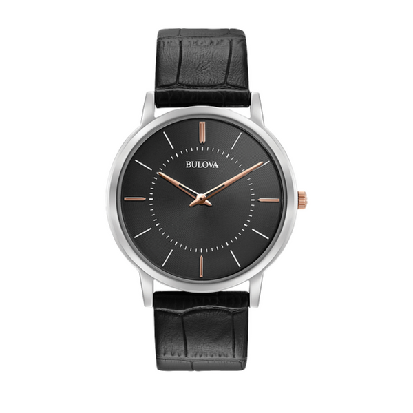 Bulova Classic Black Leather Strap Watch with Black Dial