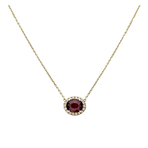 18K Yellow Gold .11ctw Diamond & Oval Ruby Halo Sideways Pendant on Chain