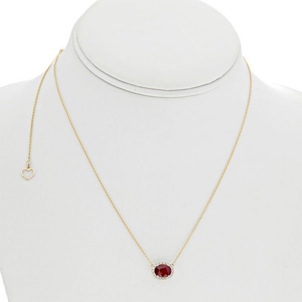 18K Yellow Gold .11ctw Diamond & Oval Ruby Halo Sideways Pendant on Chain