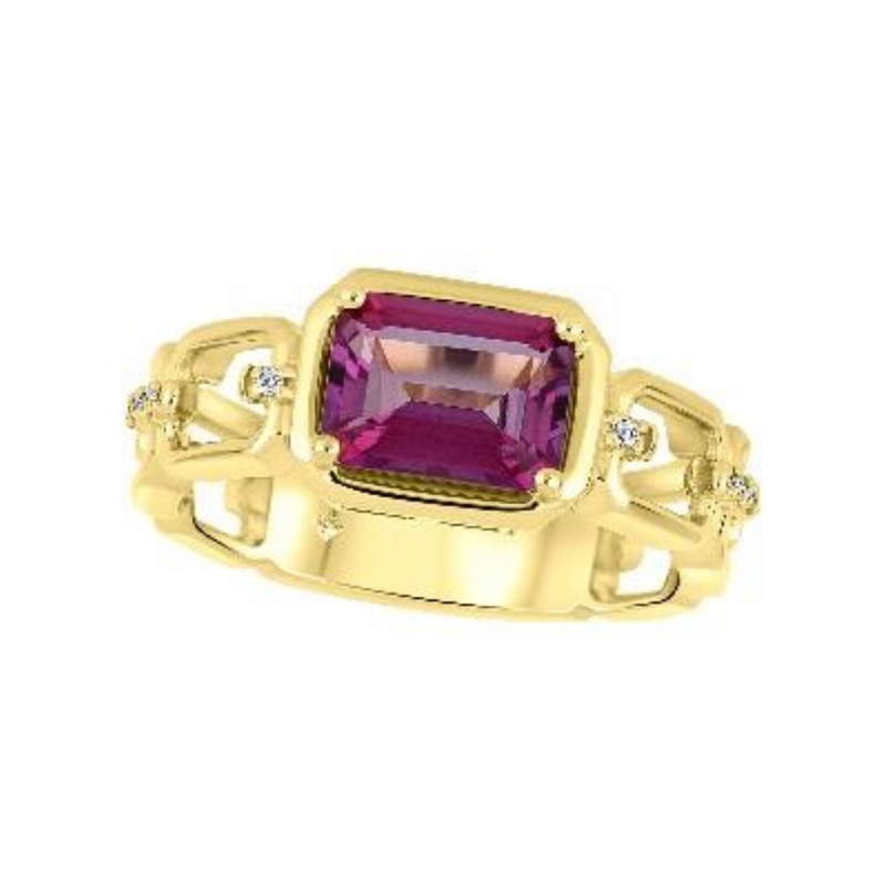 10K Yellow Gold Emerald Cut Amethyst & .024ctw Diamond Chain Link Ring