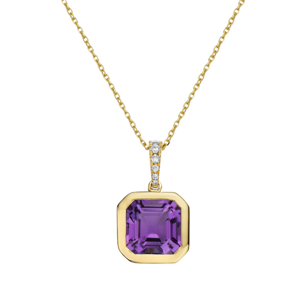 14K Yellow Gold Square Amethyst & .16ctw Diamond Bezel Set Pendant on Chain