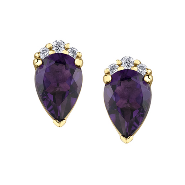 10K Yellow Gold 6x4mm Pear Shaped Amethyst & .04ctw Diamond Stud Earrings