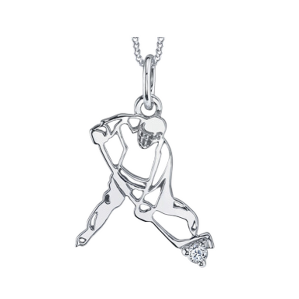 10K White Gold .022ct Round Brilliant Canadian Diamond Hockey Player Pendant with Chain