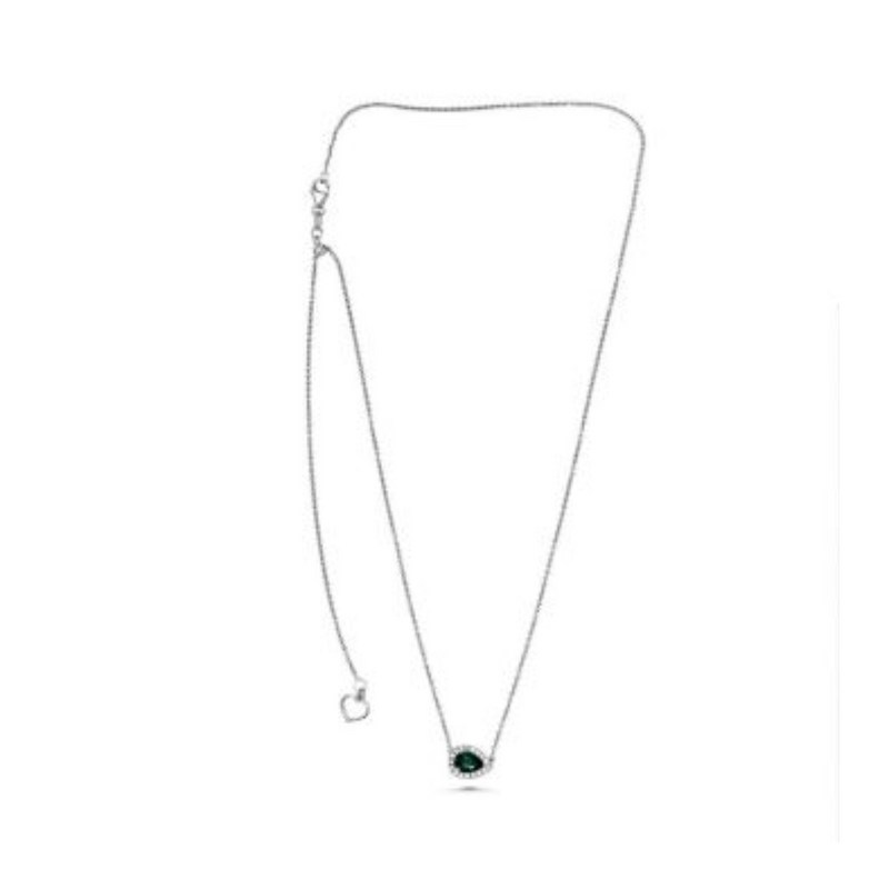 14K White Gold 0.14ctw Diamond and Pear Shaped Emerald Halo Sideways Pendant on a Chain