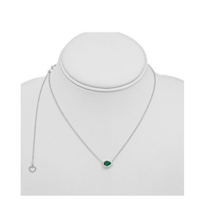 14K White Gold 0.14ctw Diamond and Pear Shaped Emerald Halo Sideways Pendant on a Chain