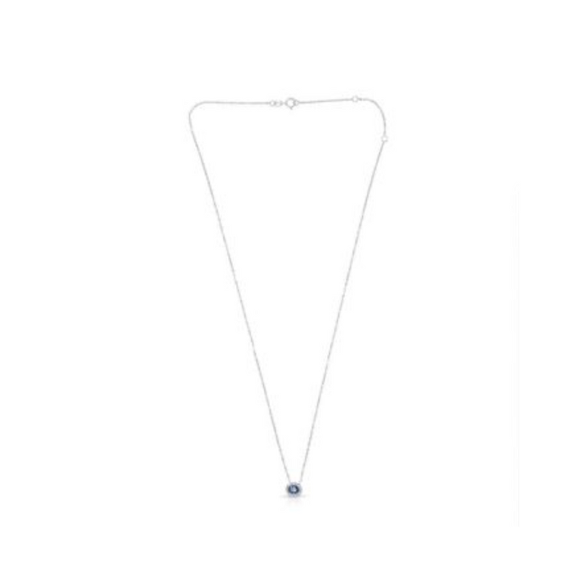 14K White Gold .06ctw Diamond &amp; Oval Sapphire Horizontal Necklace with Halo