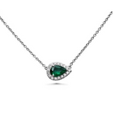 14K White Gold 0.14ctw Diamond and Pear Shaped Emerald Halo Sideways Pendant on a Chain