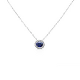 14K White Gold .06ctw Diamond &amp; Oval Sapphire Horizontal Necklace with Halo