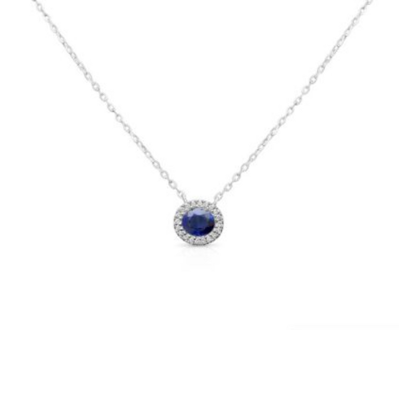 14K White Gold .06ctw Diamond &amp; Oval Sapphire Horizontal Necklace with Halo