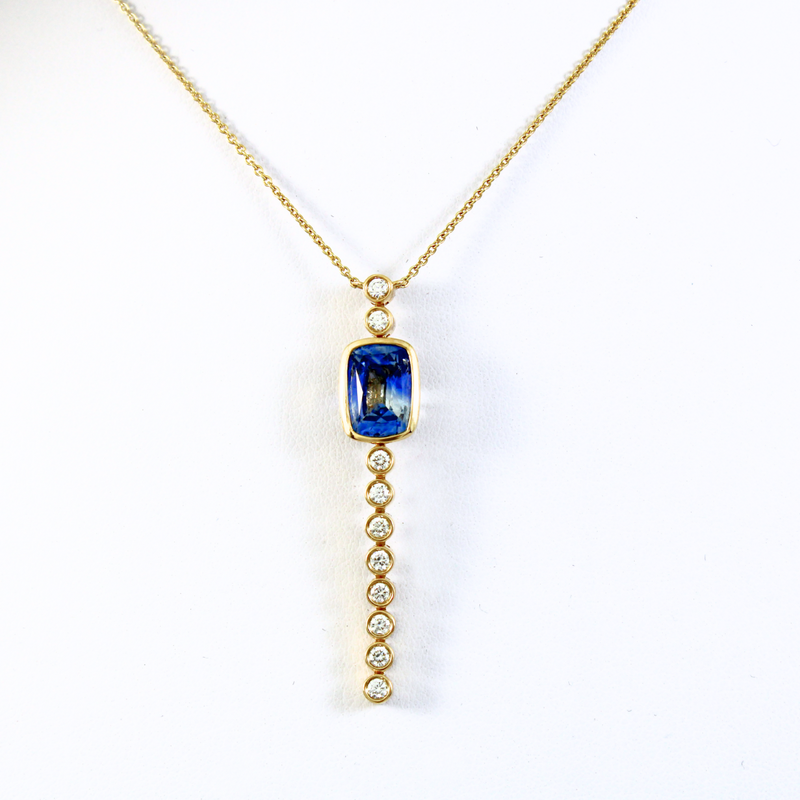 18K Yellow Gold .39ctw Diamond & Rectangle Sapphire Bezel Necklace