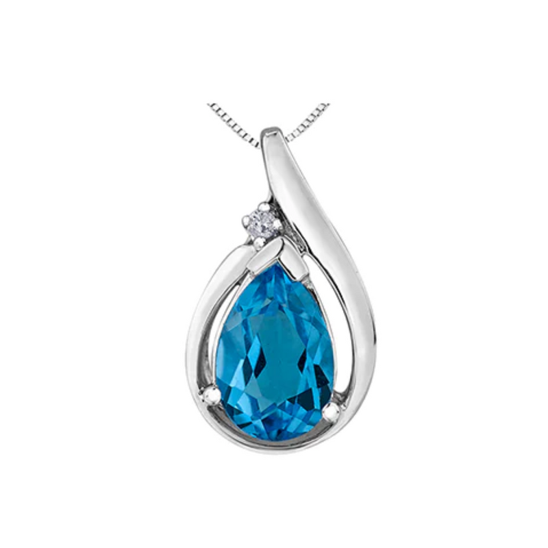 10K White Gold Diamond & Blue Topaz Pendant with Chain