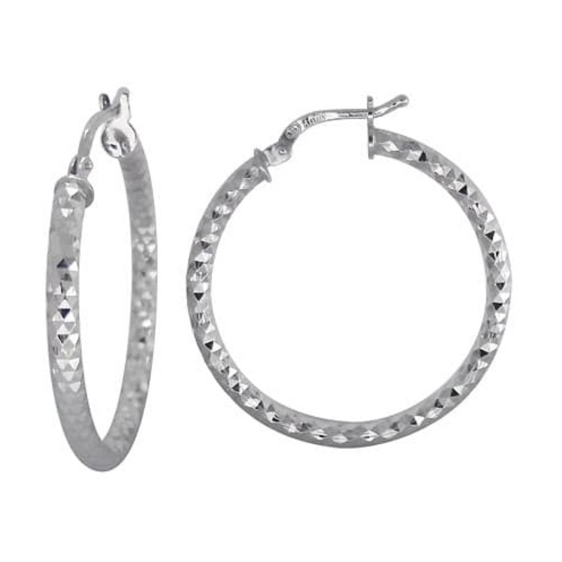 Rhodium plated Sterling Silver Textured Hoops