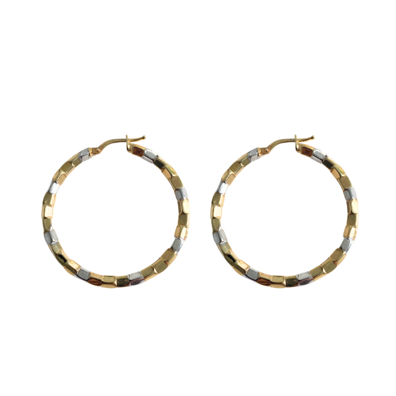 10K Yellow & White Gold Square Patterned Hoop Earrings